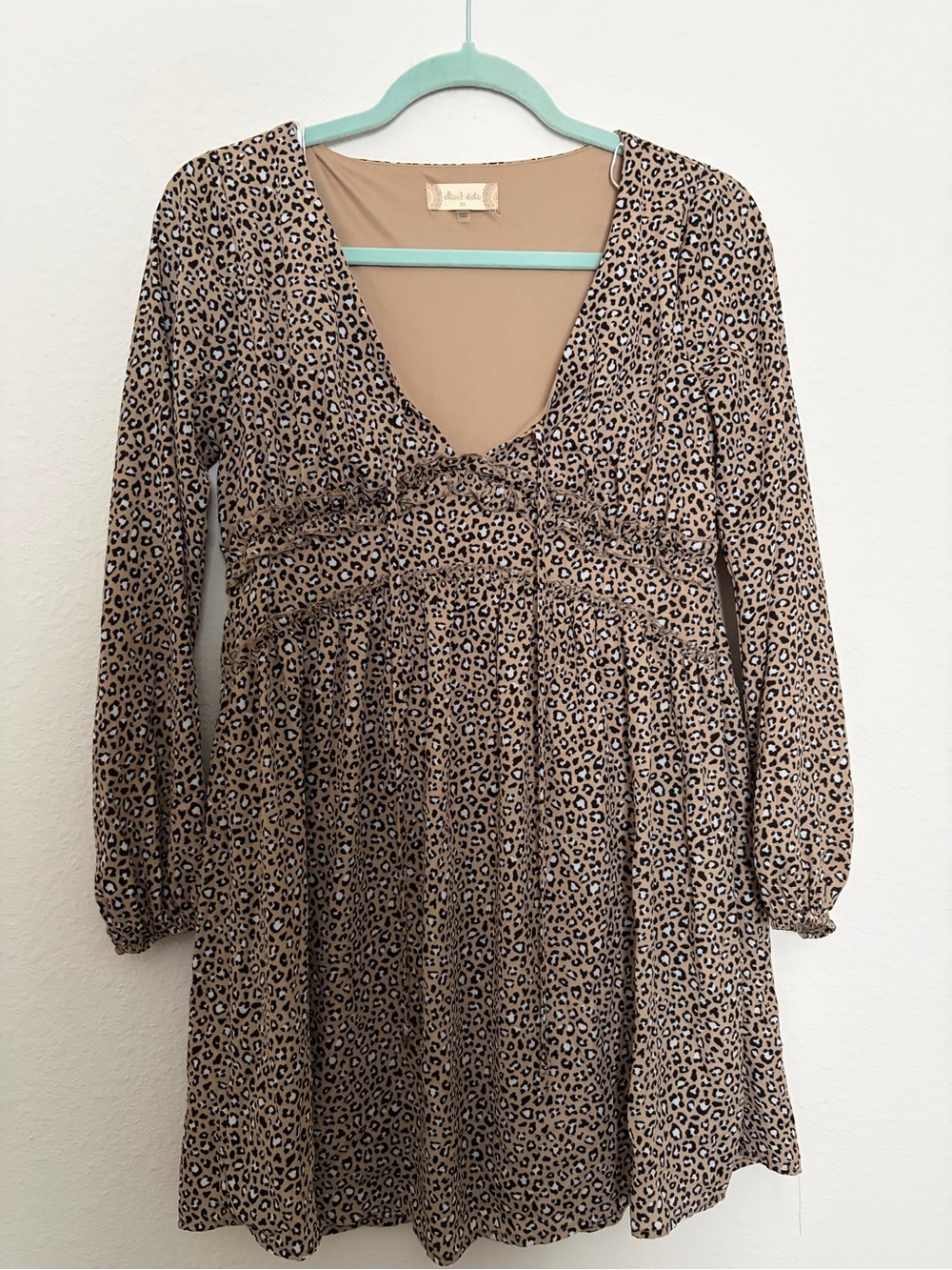 Altar’d State XS Neutral Leopard Print Long-Sleeve Dress
